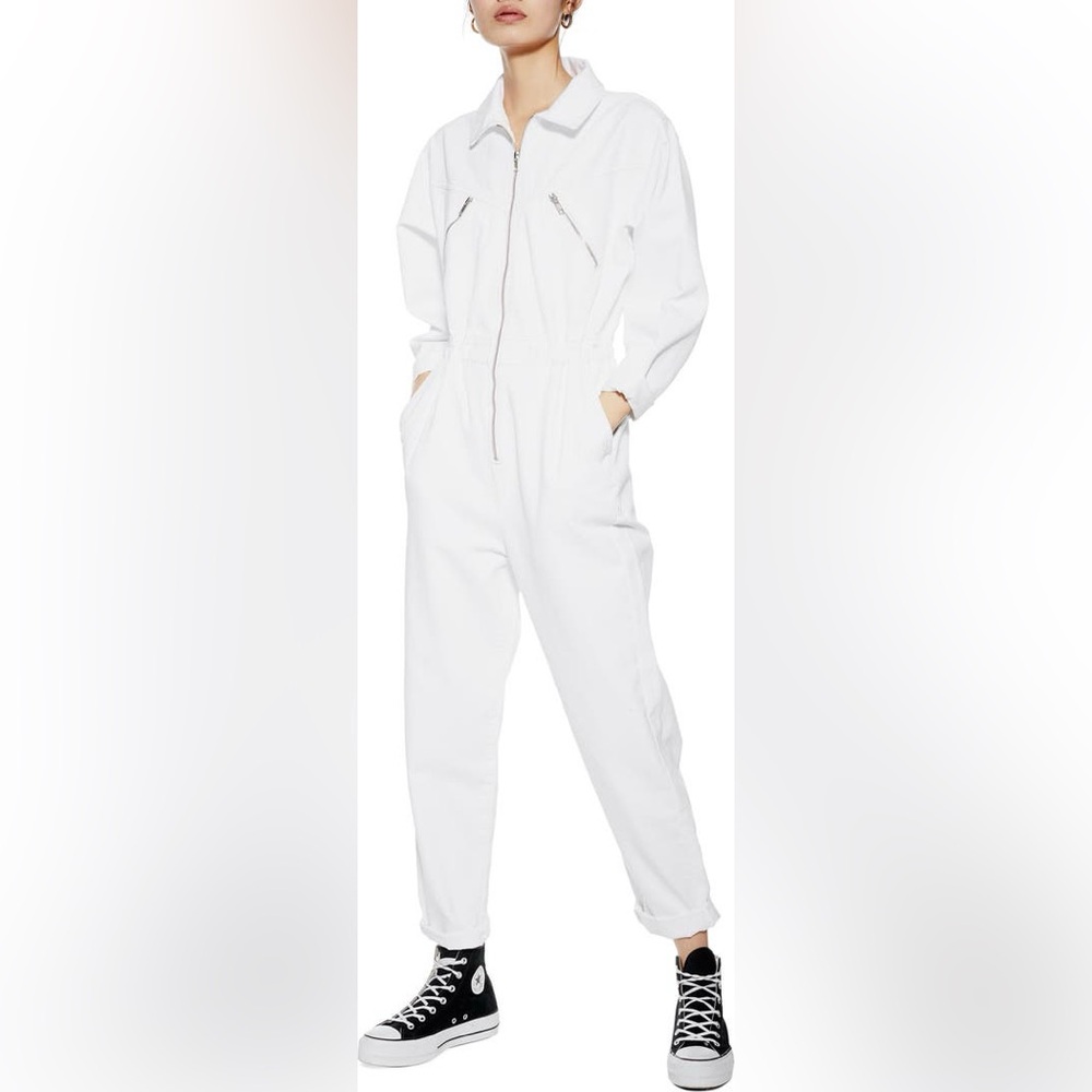 NWT TOPSHOP White Denim Long Sleeve Zip-Front Jumpsuit in Size US 8